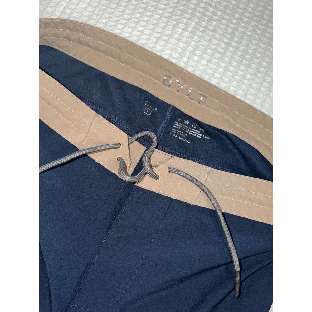 BYLT Board Shorts Mens Large Navy Blue Tan Contrast Drawstring Swim Trunks